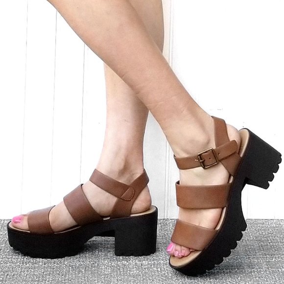 New Brown Band Platform Chunky Lug Heel Sandals - Picture 5 of 5
